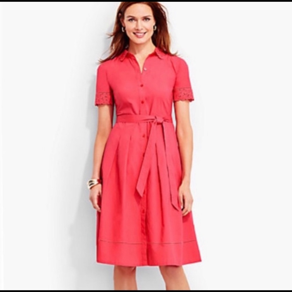 Talbots Coral Cotton Button Shirt Dress with Eyelet Collar and Sleeves Size 12